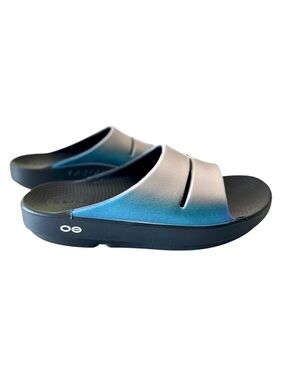 OOFOS OOahh Never Worn Luxe  Blue Silver Slides W8 M6 EU39